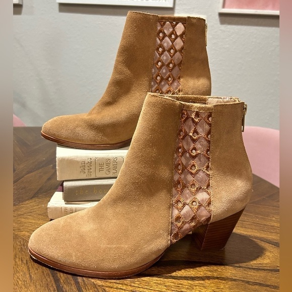 Anthropologie Camel Suede Sheer Side Ankle Boots - Picture 4 of 9